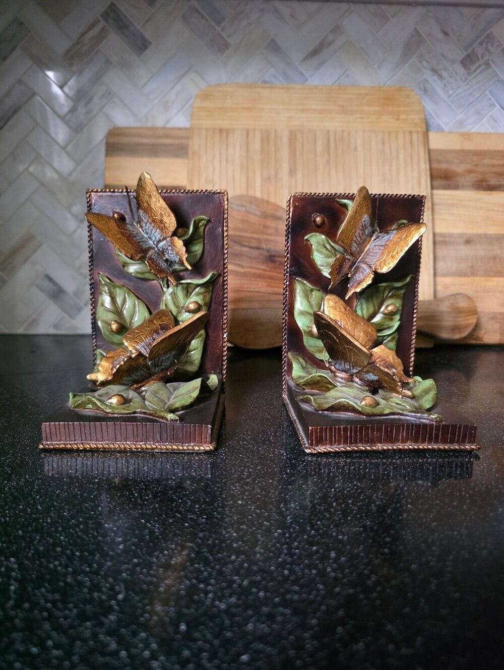 Resin Butterfly Bookends 3D Bronze Colored Gold Leaves Whimisical Fairy Cottage